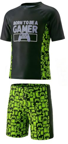 JiAmy Jungen-Badeset 2-teilig, Kurzärmeliges Rashguard-Oberteil mit Badehose Schnell Trocknend UV-Schutz Sommer-Strandoutfit für 5–14 Jahre