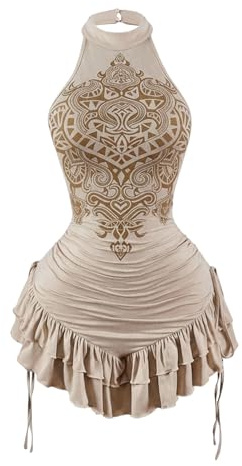 GORGLITTER Women's Graphic Halter Neck Dress Ruched Drawstring Tiered Ruffle Backless Y2k Club Bodycon Mini Dresses Apricot Large