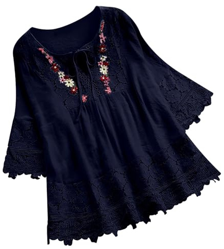 Linen Tops for Women UK Blouses for Women UK Elegant Hollow Lace Linen Shirt Summer Oversized T Shirts Plus Size Embroidered Flowy Hem Boho Tops Navy