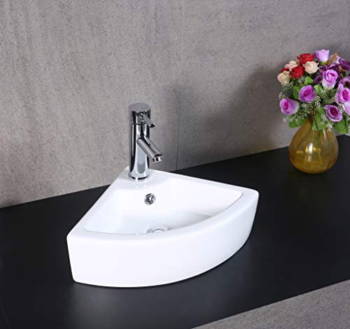Home Supplies Modern Design Wash Basin Sink Corner Wall-Mounted White Cloakroom Ceramic Basin for Bathroom with Tap, Waste and Chrome Bottle Trap