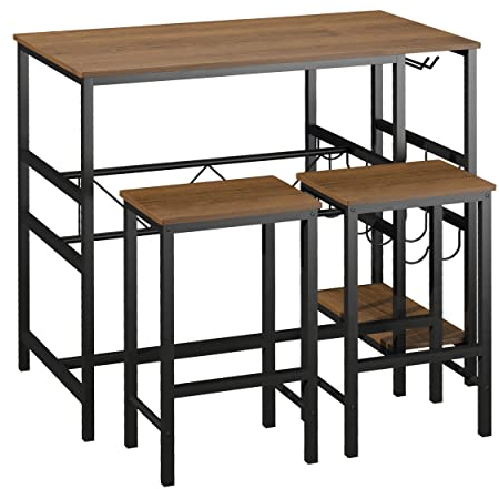 HOMCOM Bartisch-Set, Stehtisch mit 2 Barhockern, 3-teiliges Tischset Küchentresen mit Flaschenhalterung Spanplatte, Stahl, Natur+Schwarz, 108 x 60x 95H cm