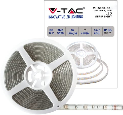 V-TAC Tira LED Bobina de 5 metros 3,5 W por metro Cinta luminosa SMD 5050 Color de la luz RGB de exterior con tira adhesiva y cubierta de silicona, alimentada a 12 V.
