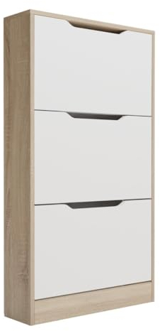Mattfy - Zapatero con 3 Puertas, Mueble para Zapatos Estrecho, Modelo Axel, Acabado en Color Cambria y Blanco, Medidas: 107 cm (Alto) x 60 cm (Ancho) x 17,3 cm (Fondo) Práctico y Funcional