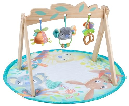 Playgro Fauna Friends - Gimnasio de actividades de madera para bebés, tapete de juego para bebé para piso con 3 juguetes colgantes, gimnasio para bebés con temática de selva para desarrollo sensorial