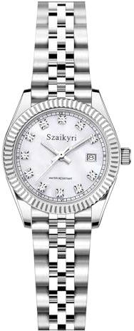Szaikyri Klassische Damenuhr mit Festem Rostfreien Stahlgürtel Wasserdicht Armbanduhr Damen Kalender Uhr für Damen (Silver)