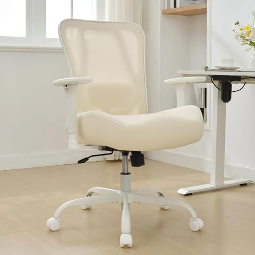 UEV Bürostuhl Ergonomisch bis 230KG, Wippfunktion,Schreibtischstuhl mit Armlehnen, höhenverstellbarer Arbeitsstuhl, Drehstuhl mit Netzbespannung, atmungsaktiv Stoff, 73 x 69 x 93 cm beige