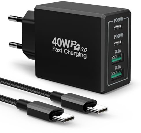 Chargeur USB, 40W Prise 4-Port Multiple Charge USB avec PD et QC3.0 Type C Adaptateur Chargeur Rapide pour Samsung Galaxy S25/S24/S23/S22/S21 iPhone 16 15 14 13 12 11 Plus Pro Max et 2M Câble