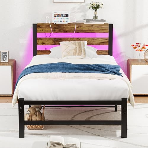 HOMERECOMMEND 3ft Single Bed Frame with USB Charging Station,LED Bed Frame with Wood Storage Headboard,Metal Platform Bed Frame Single size No Box Spring Needed,Strong Slats Support,Easy Assembly