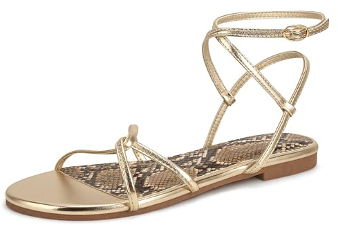 LOOPCHARM Women's Flat Sandals Strappy Open Round Toe Lace Up Shoes with Adjustable Ankle Strap for Summer,Gold Pu,8
