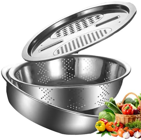 Multifunktionell köksrivare, rostfritt stål handfat, sil set för att gnugga ost, skära grönsaker och frukttvätt, med blandningsskål och dränering (3 i 1), risskiv-skål