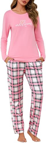Leversic 2 Piezas Conjunto Pijama Mujer Invierno Camiseta de Manga Larga Algodón con Cuello Redondo y Estampado Divertido Pantalones de Pijama de Cuadros con Bolsillos S-XXL(Rosa,L)