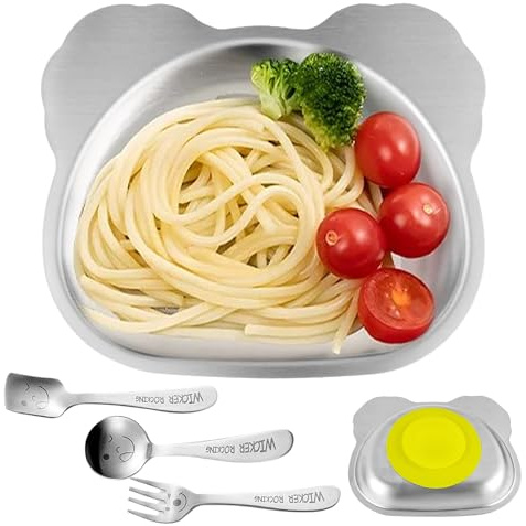 Edelstahl Teller Baby, 304 Edelstahl Kinderteller Kantinen mit Silikon Saugfuß, Rutschfestes, Bärenform, BPA-Frei Edelstahlteller Kindergeschirr Set mit Kinderlöffel und Gabel (Bärenform)