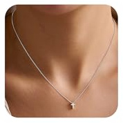 SEFORICO Collier Croix pour Femme Couleur Argent Acier Inoxydable Petit Pendentif Croix Chaîne Carrée 40+5cm Bijoux Simples Cadeau Baptême Chrétien