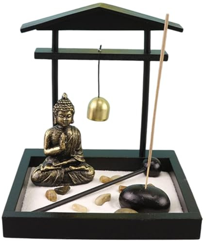 Giardino Zen da scrivania, mini kit da giardino Zen con Buddha seduto giapponese con porta incenso, accessori in pietra decorativa e sabbia, kit vassoio di sabbia da meditazione per ufficio, casa, co