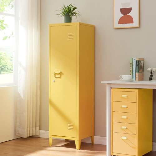 [en.casa] Armadio da Ufficio con Anta e Serratura Mobile in Acciaio per Archivio con 3 Scomparti Armadio da Spogliatoio 137 x 38 x 38 cm Giallo