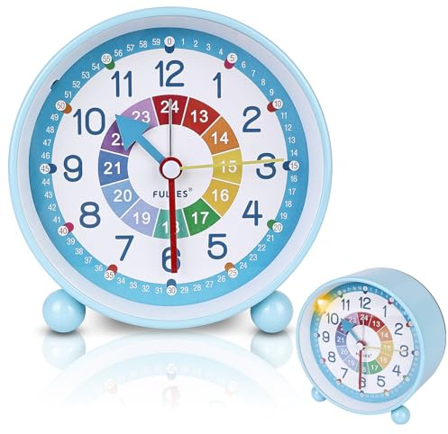 PORFOYO Despertador infantil digital sin tictac, reloj de aprendizaje silencioso para niñas y niños, reloj despertador de viaje para niños sin tictac, analógico compacto con luz nocturna (azul)