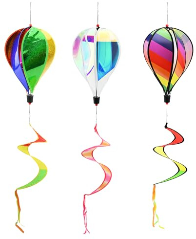 Lot de 3 éoliennes en forme de montgolfière - 27 x 130 cm - Motif arc-en-ciel coloré - Motif à rayures - Carillon à vent rotatif à paillettes - Décoration artistique pour intérieur ou extérieur