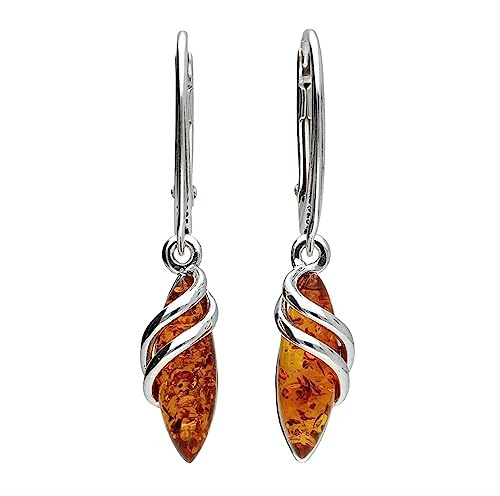 Enwrapped Teardrop Baltic Honey Orange Amber Lever Back Sterling Silver Dangly/Dangle Drop Earrings for Women Ladies Girls - Fancy Art Deco Earrings. 070346