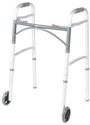 Drive Medical Two-Button Folding Walker with Wheels, Height Adjustable