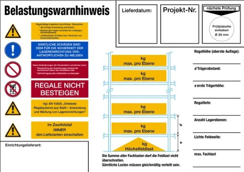 LEMAX® Regalkennzeichnung mit Belastungswarnhinweisen, Fachbodenregal - DIN EN 15635 Alu glatt 297x210mm