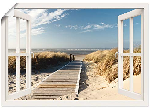 ARTLAND Wanddeko Poster & Kunstdrucke Wandposter 100x70 cm Fensterblick Fenster Strand Meer Maritim Düne Leuchtturm Nordsee Langeoog T5RQ