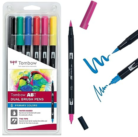Tombow ABT-6P-1 fiberpenna dubbel borste penna med två spetsar set om 6, primärfärger, färgglad