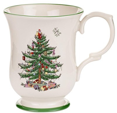 Spode Christmas Tree Footed Mug - 12 Oz Festive Mug for Coffee, Hot Cocoa, Lattes - Romantic Shape with Santa Design, Porcelain Mug - Dishwasher, Microwave, & Freezer Safe, Gift-Boxed