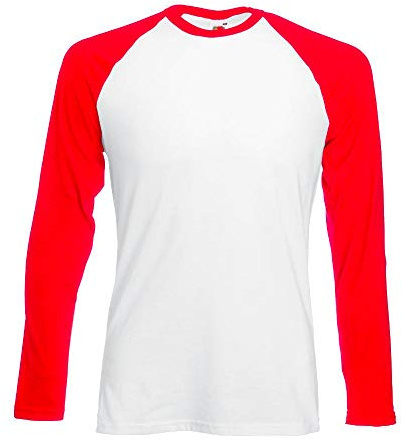 Fruit of the Loom Long Sleeve Baseball Tee Contrast Long Sleeve T-Shirt, Multi-Coloured - White/Red, Medium