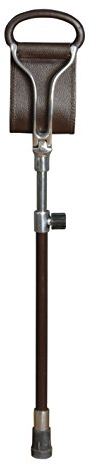 Sitzstock ASCOT,Sitzfläche aus braunem Leder, Griffe aus Metall mit Leder überzogen, Stock aus Leichtmetall, höhenverstellbar,Stocklänge 66-91 cm, Sitzhöhe 50-75 cm, inklusive stabilem Gummipuffer.
