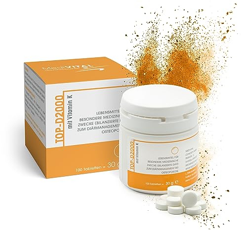 TOP-D Vitamin D3 K2 VEGAN - hochdosiert 2000 IE für Knochen, Zähne & ein starkes Immunsystem - 100 Tabletten, Made in Germany