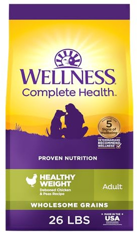 Wellness Complete Health Healthy Weight Adult Dry Dog Food, Wholesome Grain Kibble, Chicken and Peas Recipe, 26 lb Bag