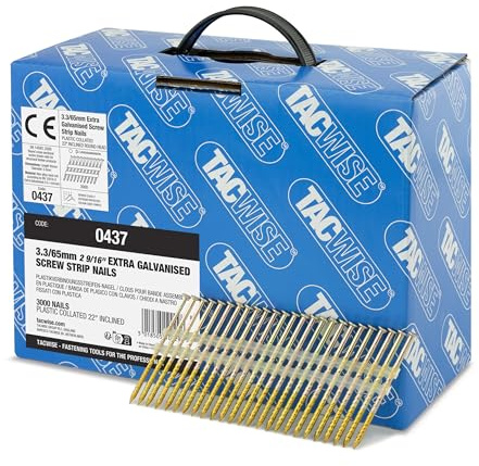 Tacwise 0437 Chiodi per Intelaiature 3,3/65 mm, Zincati Extra con Testa a 'D', Gambo Elicoidale, Inclinati a 22°, Montati su Plastica, Confezione da 3000