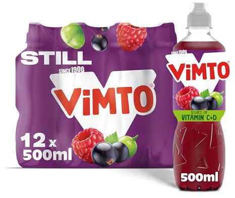 Vimto Still Juice Drink - Blackcurrant, Grape & Raspberry – Real Fruit - Vitamins C & D – 12 x 500ml Bottles – HFSS Compliant