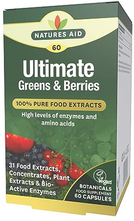 Natures Aid Ultimate Greens & Berries Capsules - Mix of 31 Fruits Berries Vegetables Mushrooms Phytonutrients and Plant Bioactive Enzymes & Amino Acids - Vegan Vegetarian Gluten Free - 60 Supplements