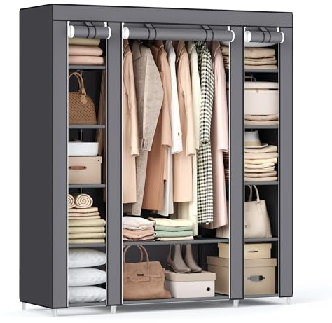 SONGMICS Closet Wardrobe, Portable Closet for Bedroom, Clothes Rail with Non-Woven Fabric Cover, Clothes Storage Organizer, 59 x 17.7 x 69 Inches, 12 Compartments, Gray ULSF03G