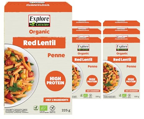 Explore Cuisine Organic Red Lentil Penne: Gluten Free Pasta, High in Protein & Good Source of Fibre, Perfect for Vegan Diets and Family Meals, Lower in Carbs (6 x 225g)