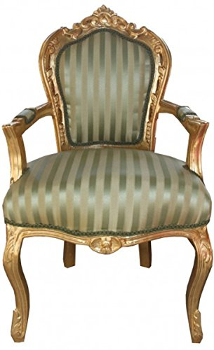 Casa Padrino Barock Esszimmer Stuhl Grün/Creme Streifen/Gold mit Armlehnen - Antik Möbel