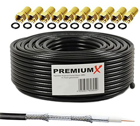 Premium X 50m SAT Koaxialkabel Set 135 dB 4-fach geschirmt - TV Antennenkabel 10 vergoldeten F-Steckern - DVB-S2/C/T2-4K UHD HDTV - wetterfest & UV-beständig Innen & Außen - 100% Signalqualität