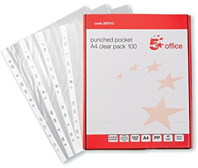 5 Star Office Punched Pocket Polypropylene Top-opening 40 Micron A4 Clear [Pack 100]