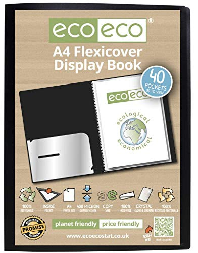eco-eco A4 100% Recycled 40 Pocket Black Flexible Cover Portfolio Book Folder Display Book
