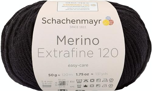Schachenmayr Merino Extrafine 120 9807552-00199 schwarz Handstrickgarn, 10 x 10 x 7 cm, Schurwolle