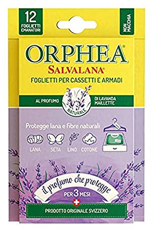 Orphea Salvalana Foglietti Per Cassetti E Armadi, Protegge Lana E Vestiti Tutta La Stagione, Profumo Di Lavanda, 12 Foglietti Emanatori