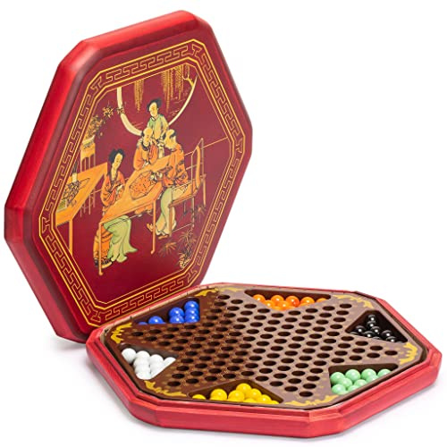 Set di Halma Classico Yellow Mountain Imports – Tavoliere in Legno da 32 cm con Vano Contenitore e Biglie di Vetro Colorate da 16 mm