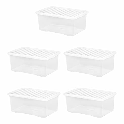 JMS we create smile - Set of 5 x 45 Litre Plastic Clear Crystal Storage Boxes with Lids for Home, Office & Garage -Stackable & Nestable
