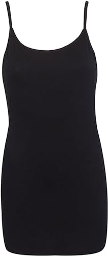 Womens Plain Sleeveless Ladies Stretch Round Scoop Neckline Camisole Long Strappy Vest Tank Top Plus Size Black Size 18-20 (XXL)