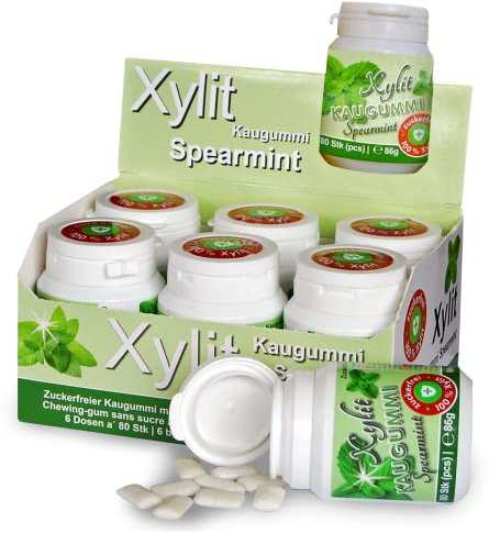 XYLIT KAUGUMMI SPEARMINT | 480 Stk | Tschüß Karies: reduziert Plaque & Säure | unterstützt Erhaltung Zahnschmelz | 100% Xylit, ohne Aspartam, vegan | 6 Dosen