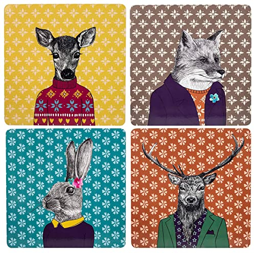English Tableware Set of 4 After Dark Woodland Creatures Square Cork-Backed Placemats, Mixed Designs