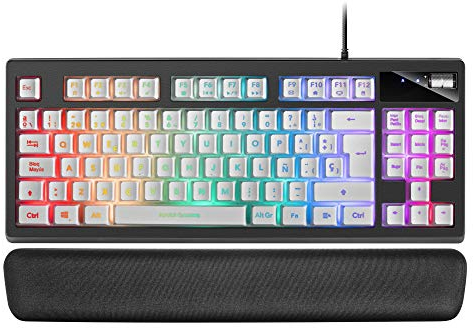 Mars Gaming MKAX, Teclado Compacto TKL H-Mech, Iluminación RGB 9 Efectos, Reposamuñecas Gel, Idioma Español, Blanco