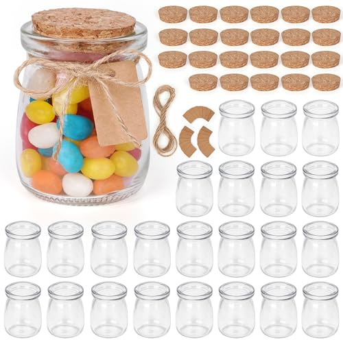 Winter Shore Barattoli di vetro piccoli da 100 ml con coperchio in sughero, confezione da 24, bottiglie di vetro per alimenti, con sughero, spago ed etichette, per caramelle, yogurt, miele, candele