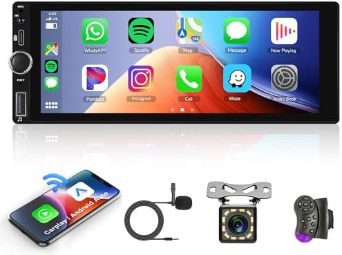 Rimoody RDS Single Din Wireless Carplay Car Stereo Android Auto 6.9 inch HD Touch Screen Car Radio Bluetooth FM EQ Backup Camera USB Type-C SWC